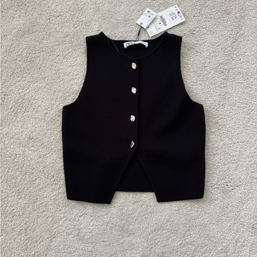 NWT Zara Black Knit Button Vest Silver Buttons Size S | Layering Piece